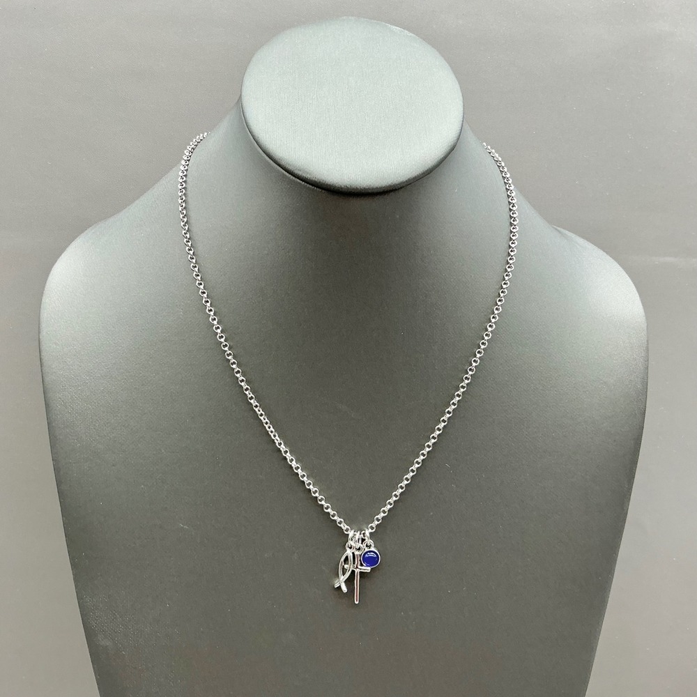 Lia Sophia Necklace Women Silver Tone Religious Cross Ichthys Blue Charm Pendant